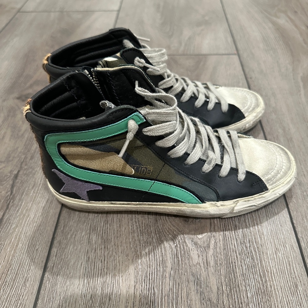 Golden Goose Black and Green High-Top Sneakers